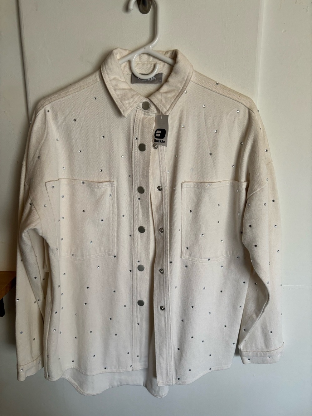 Buckle Cream Button-Up Jacket with Stud Detailing